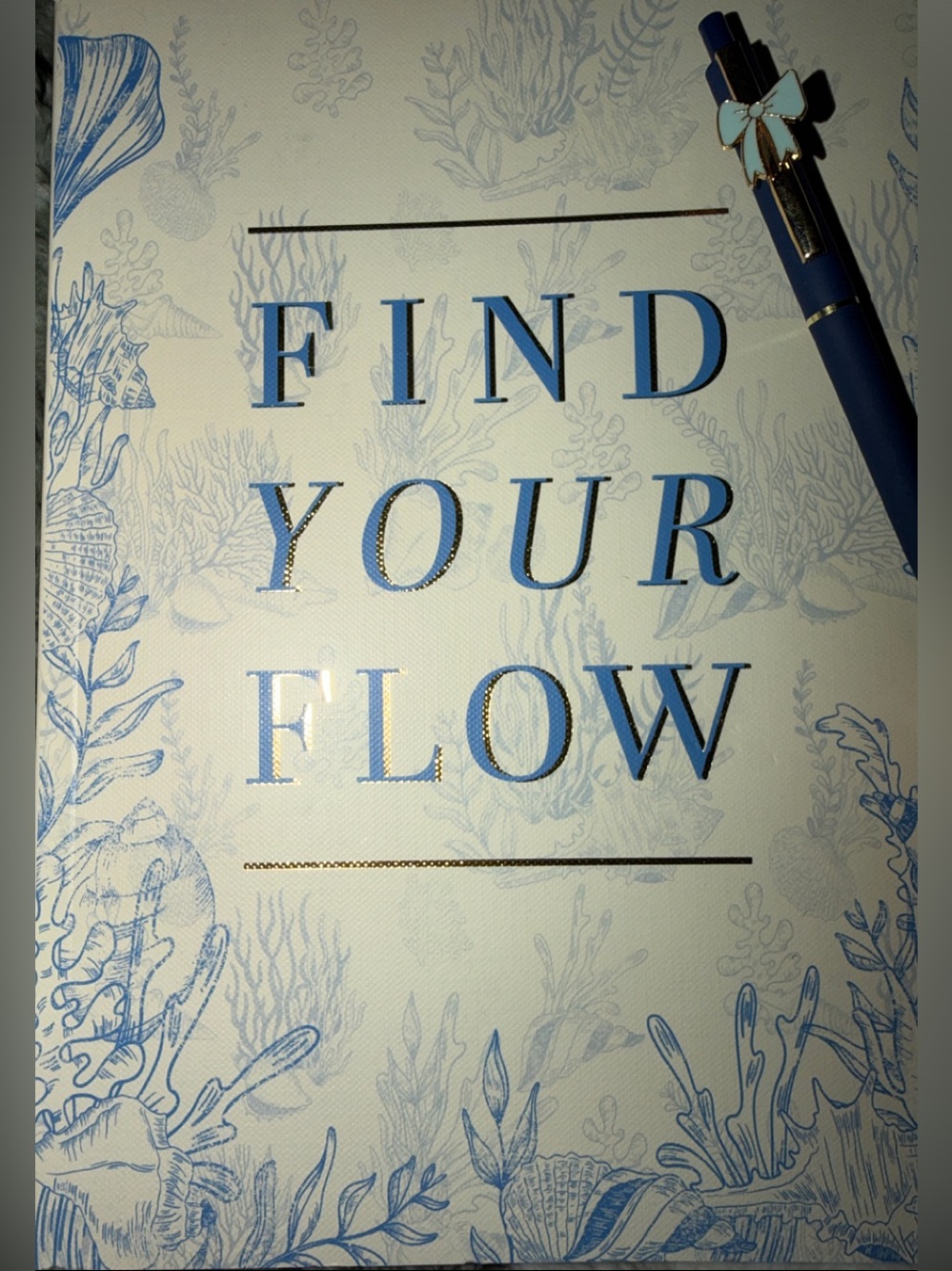 “Find Your Flow” Blue & White Notebook with Navy blue and light blue Bow Pen.